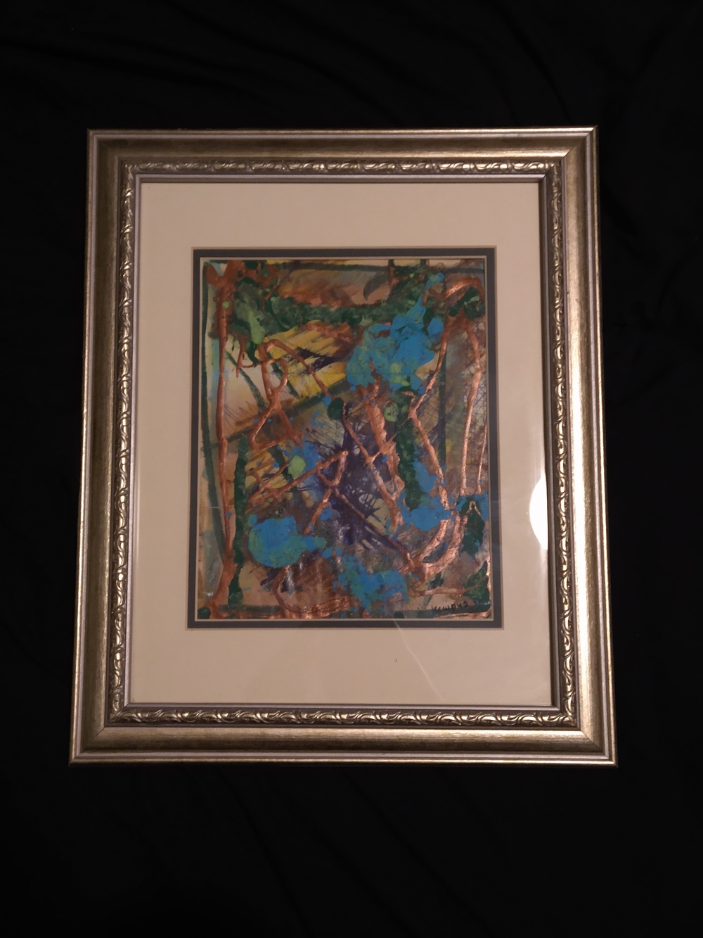 Framed Abstract Wall Art in Blue and Green with Silver Frame